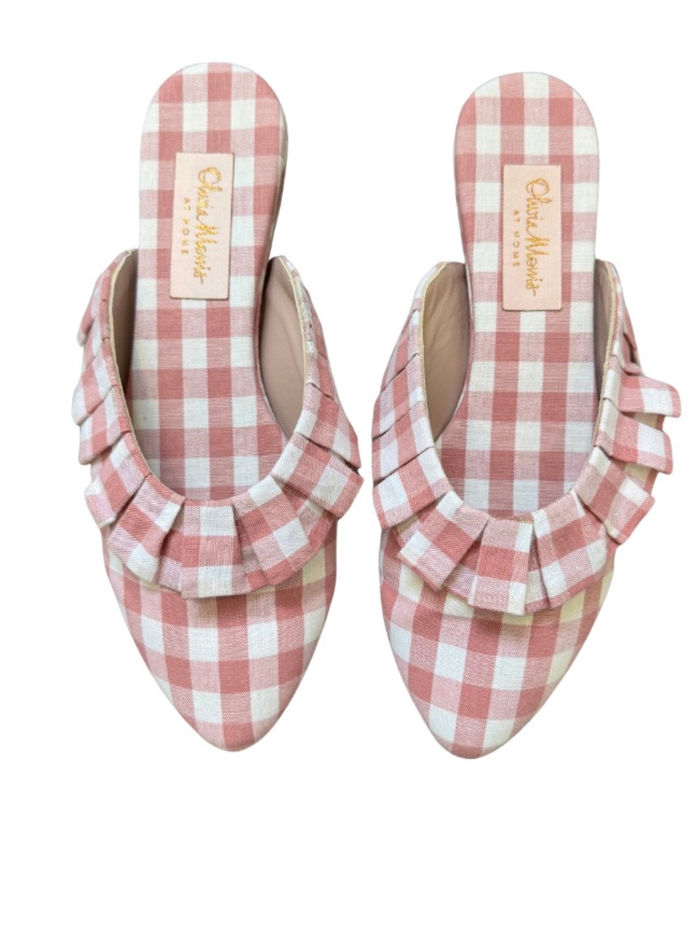 🩷 Olivia Morris at Home Pink Gingham Ruffle Pointed Toe Slide Mules EU 37